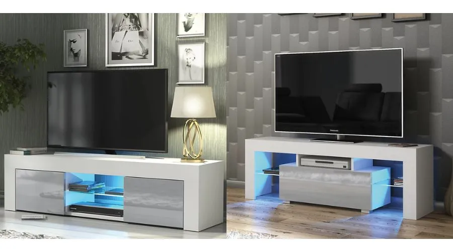TV Unit 130cm Sideboard Cabinet Cupboard TV Stand Living Room High Gloss Doors - White & Grey