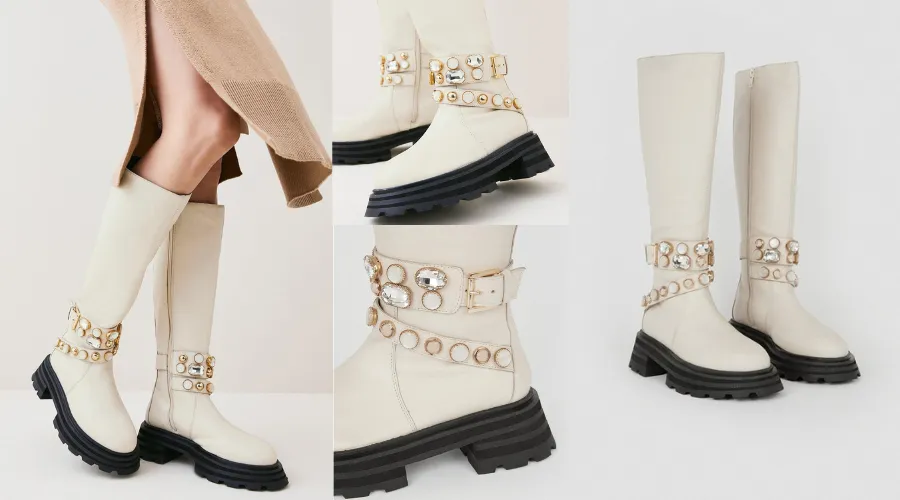 Leather Embellished Knee High Boot | Frontceleb