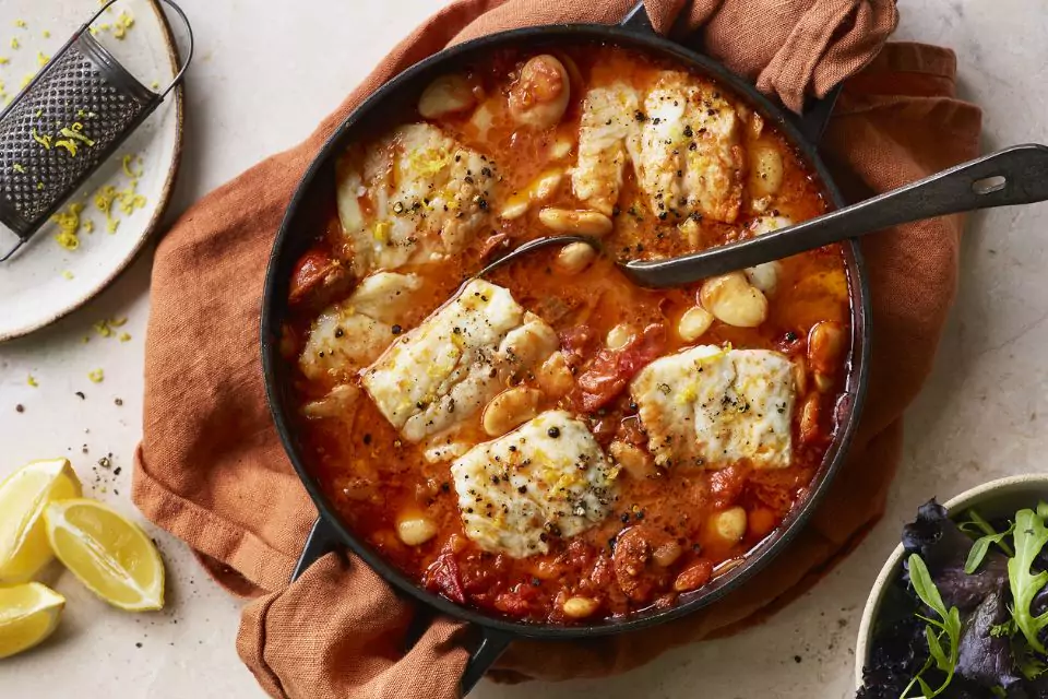 Healthy cod and chorizo dish