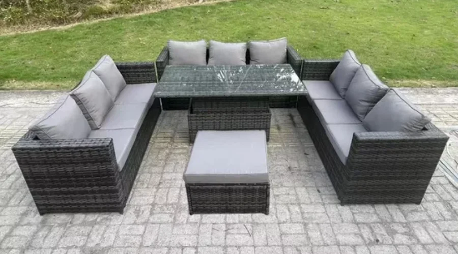 10 Seater Rattan Garden Furniture Sofa Set Outdoor Adjustable Rising Lifting Dining Table Set with Big Footstool