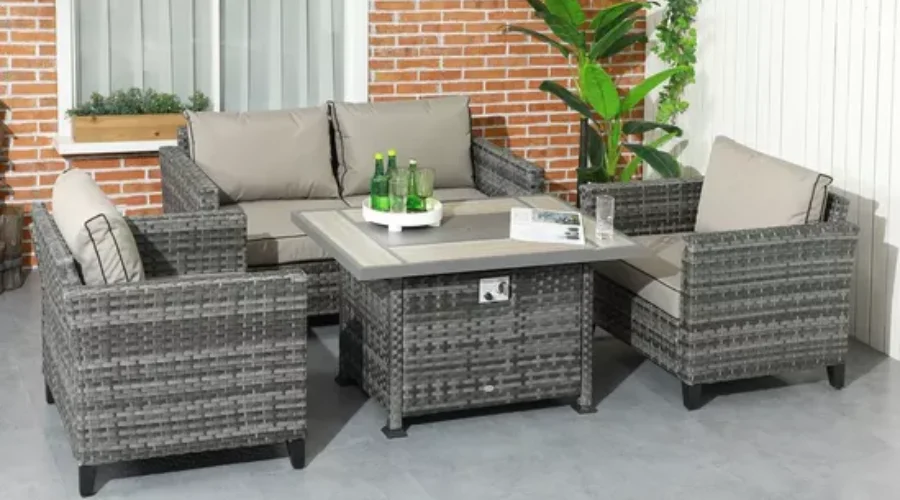5 Pieces Rattan Garden Furniture Set with Gas Fire Pit Table, Cushion
