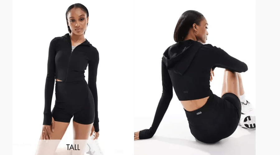 ASOS 4505 Tall cropped hoodie in black active rib