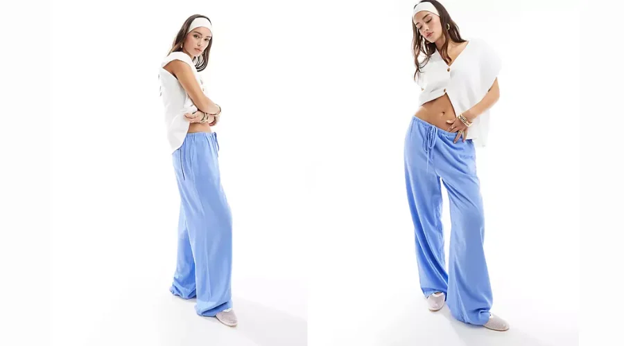 ASOS DESIGN Wide Leg Pull on Trousers in Blue With Linen