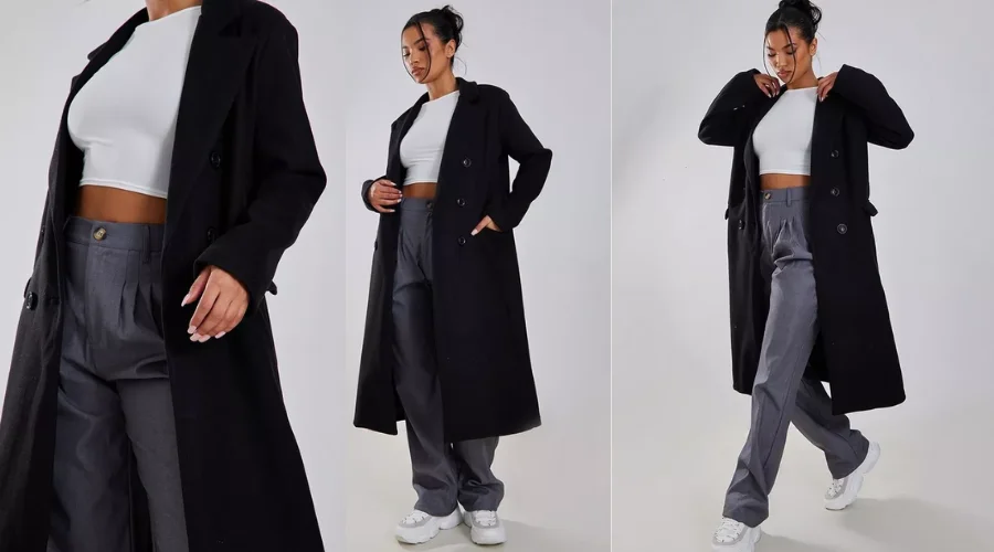 Black Double Breasted Wool Look Overcoat