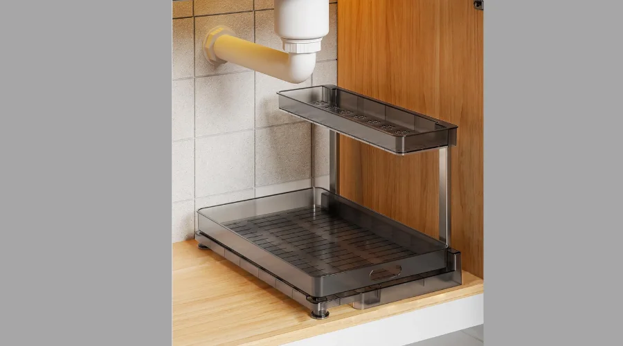 Delamu L-Shaped under sink cabinet organiser with 2-tier slide-out pull-out storage rack