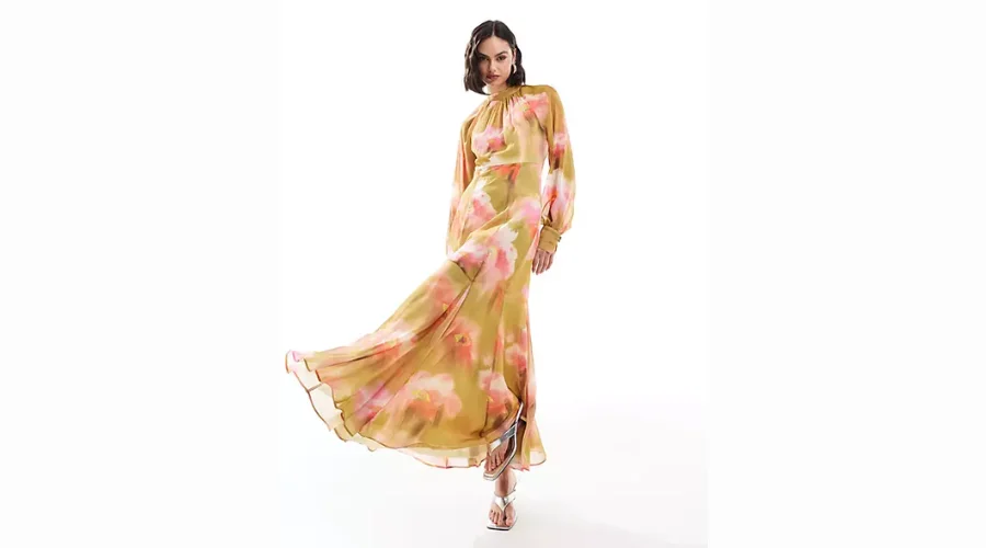 Floral maxi dress with godet hem and in green color | Frontceleb