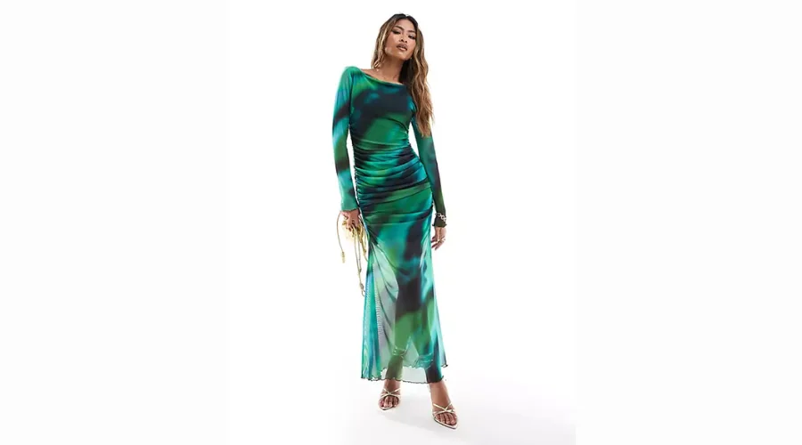 Green Spot Print Long Sleeve Mesh Midi Dress  | Frontceleb