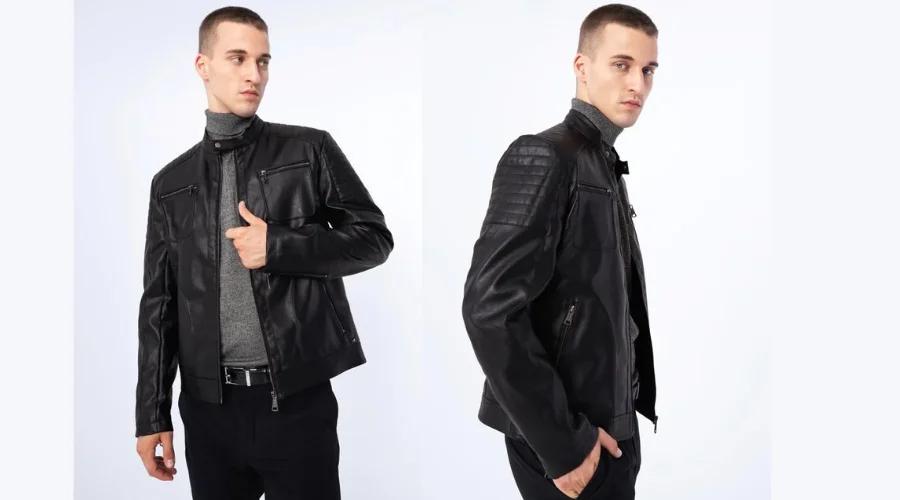 Men’s Faux Leather jacket with sewn-in pockets (Black)