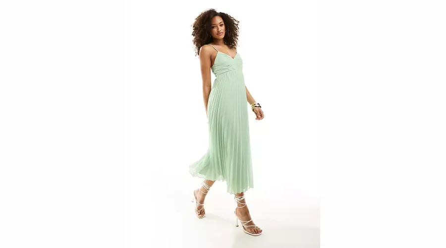 Mint Green Pleated midi dress with ruched bust and strappy sleeves | Frontceleb