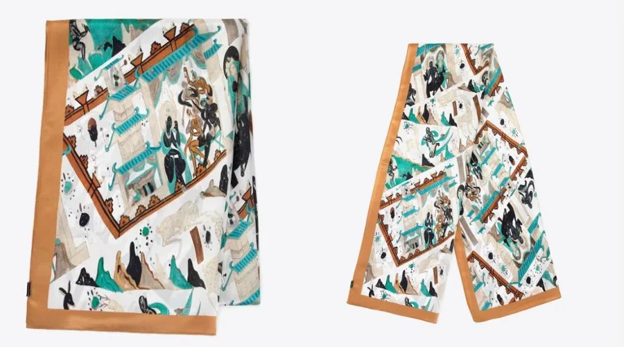 Patterned Silk Scarf Cream and Green
