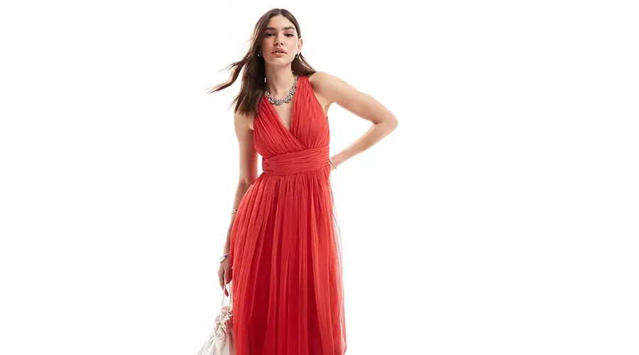 Red Anaya midi dress with wrap front and open back | Frontceleb