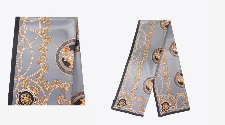 Women's Patterned Silk Scarf Silver and Orange