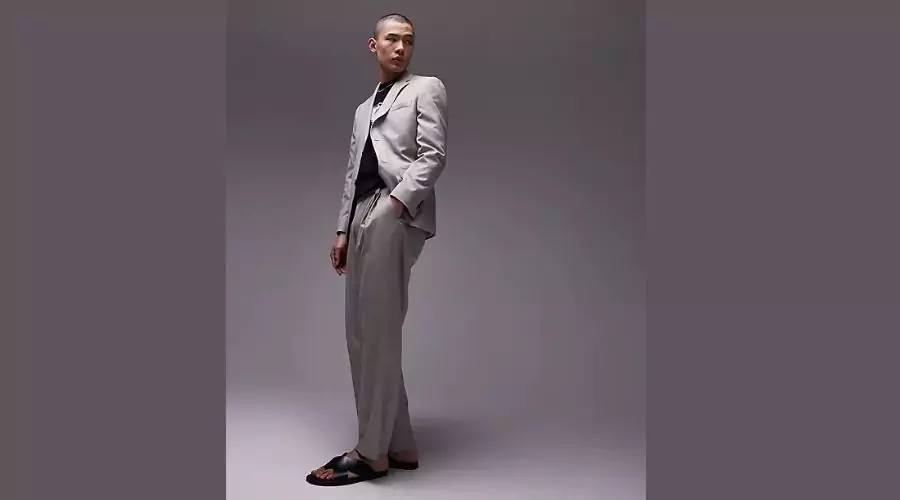 Topman slim fit linen suit trousers in stone beige
