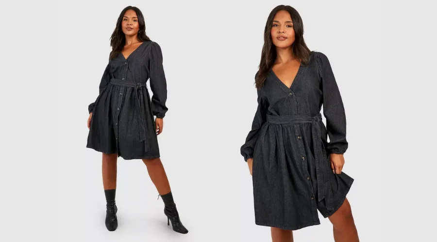 Boohoo Plus Size Denim Belted Skater Dress