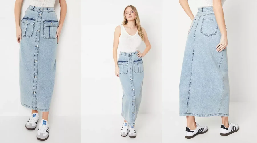 Button Front Pocket Detail Denim Maxi Skirt