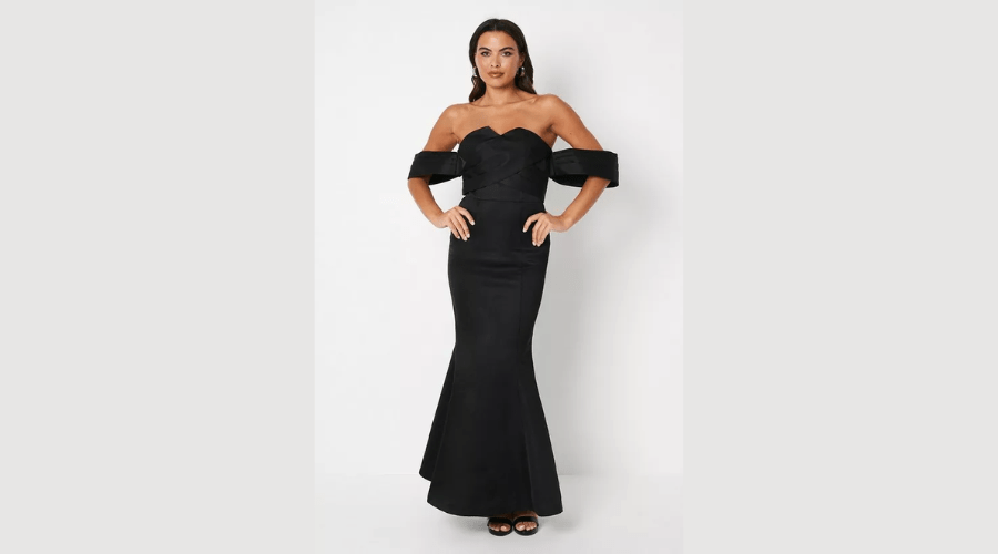 Coast Structured Black Satin Cross Front Bardot Gown