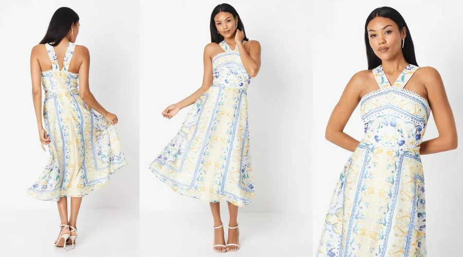 Cross Neck Border Print Organza Midi Dress