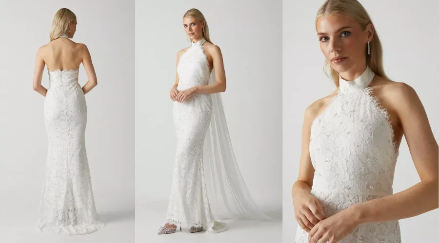 High Neck Embellished Lace Wedding Dress