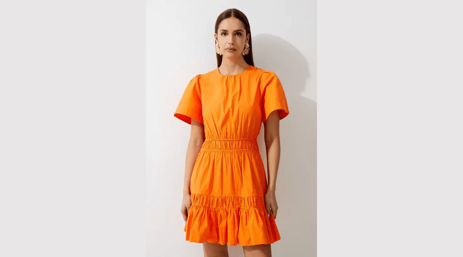 Karen Millen Orange Cotton Woven Shirred Short Sleeve mini dress