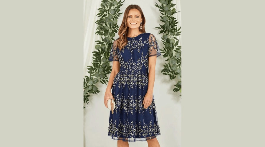 Navy Embroidered Floral Skater Dress