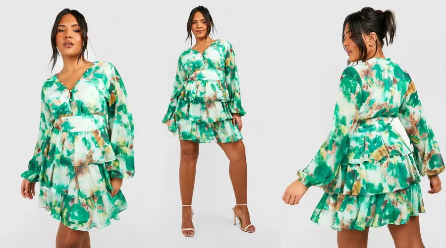 Plus Printed Chiffon Ruffle Skater Dress
