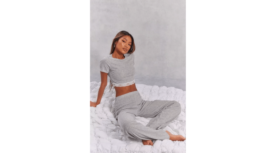 PrettyLittleThings Rib Crop Top & Wide Leg Trousers PJ set