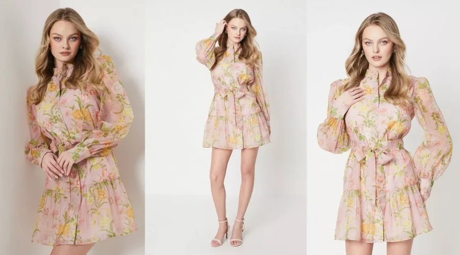 Soft Floral Organza Mini Shirt Dress