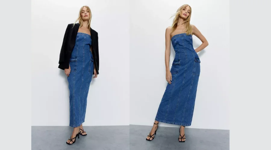 Warehouse Bandeau Cargo Maxi Denim Dress