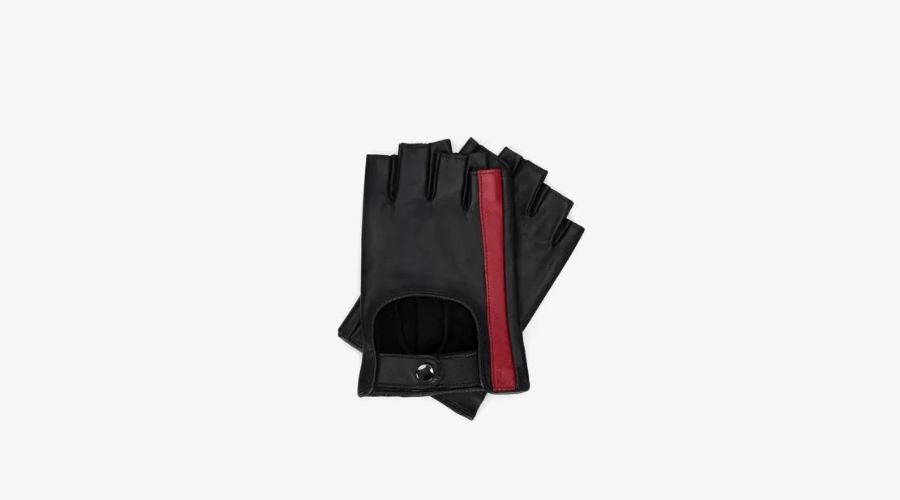 Women’s fingerless gloves with decorative strap in black & red