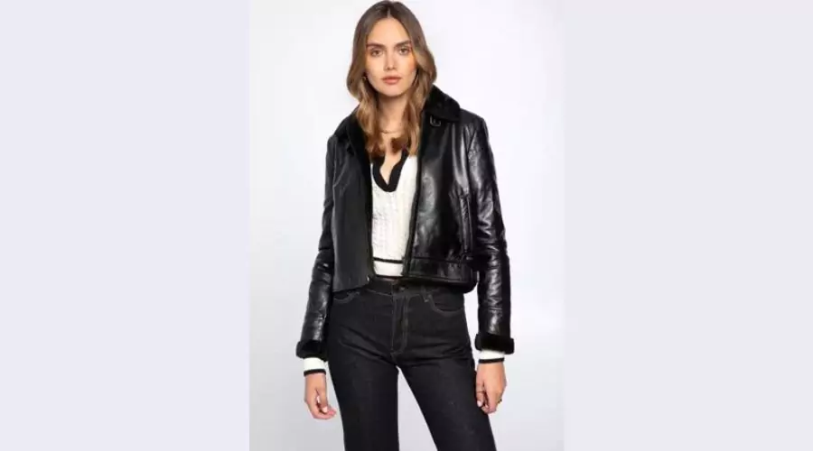 Shoulder stitched women’s leather jacket in black