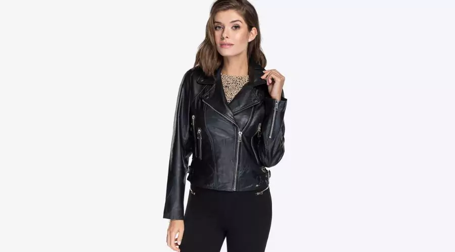 Women’s black leather biker jacket with shoulder straps and a belt
