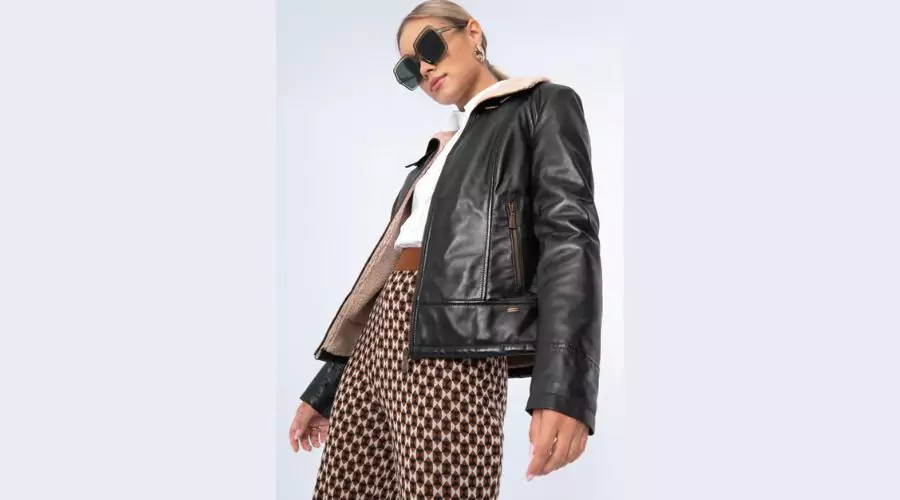 Women’s Leather Bomber Jacket in Dark brown and faux fur lining