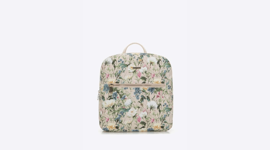 Women's backpack made of eco-leather with flowers, simple, light beige