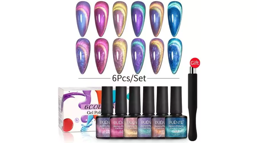 PUENTE 6PCs Aurora Shell Thread Cat Magnetic Gel Polish