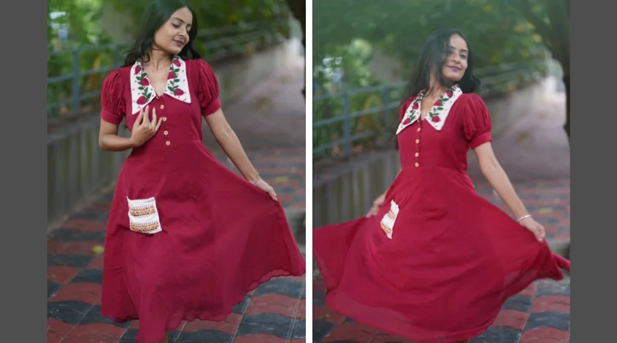 MONRI Embroidered Fit & Flared Cotton Midi Ethnic Dress