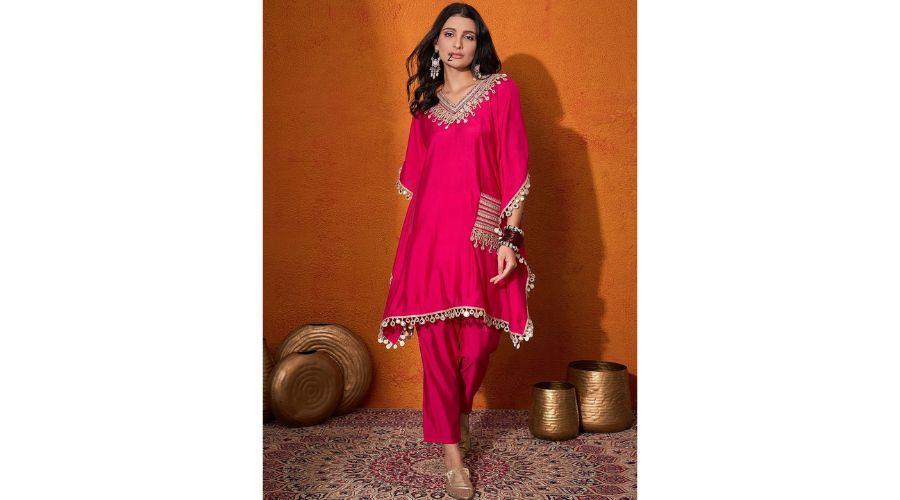 Sangria Embroidered V-Neck Mirror work Kaftan with Trousers