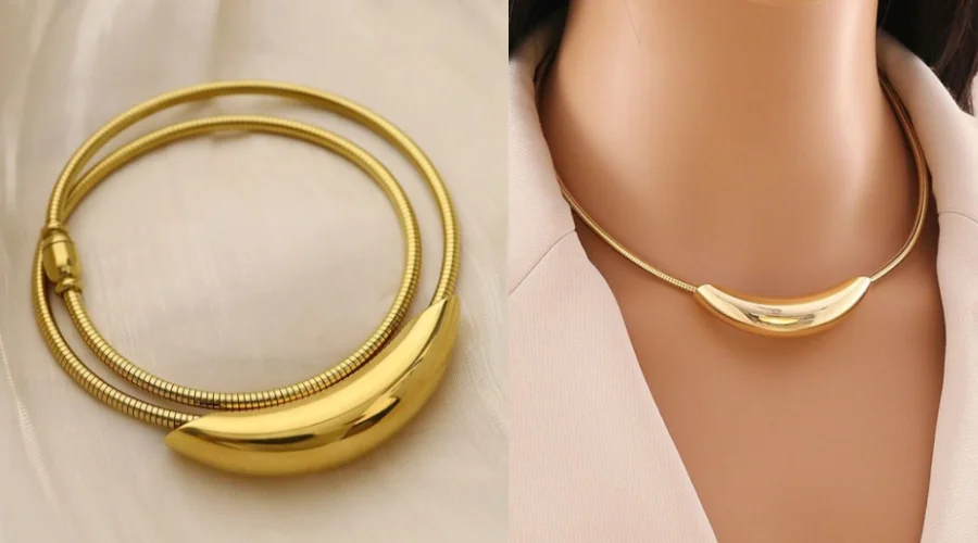VIEN - Gold-Plated Stainless Steel Arc Shape Curved Pendant Snake Chain
