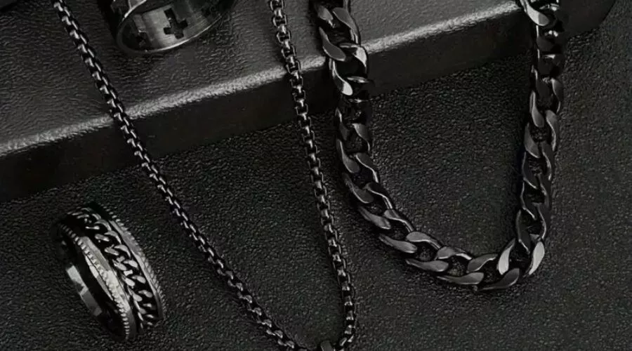 Men’s Hip-Hop Jewelry Set (Black Cross Necklace, Bracelet & Ring)