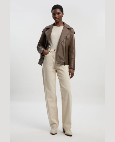 Karen Millen Denim Cream Stripe High Waist Straight Leg Jean