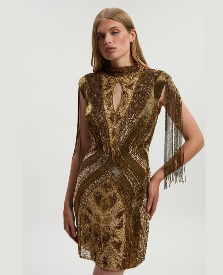 Karen Millen Embellished Beaded Cap Sleeve Woven Mini Dress
