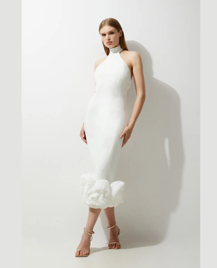 Karen Millen Figure Form Bandage Ruffle Hem Halter Knit Midi Dress