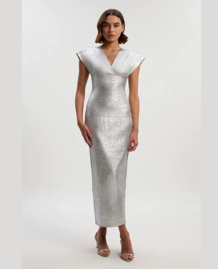 Karen Millen Foil Metallic Figure Form Angel Sleeve Knit Maxi Dress