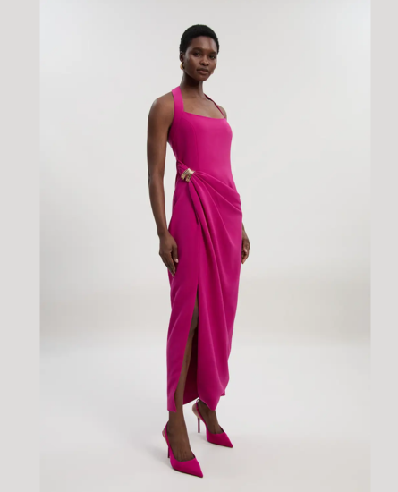 Karen Millen Polished Tailored Halter Neck Gathered Midi Dress